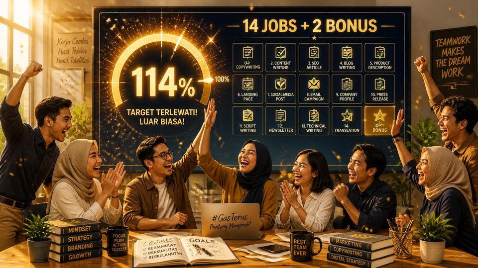 A team celebrating around a Viewboard showing 114%: 14 jobs plus 2 bonus jobs completed
