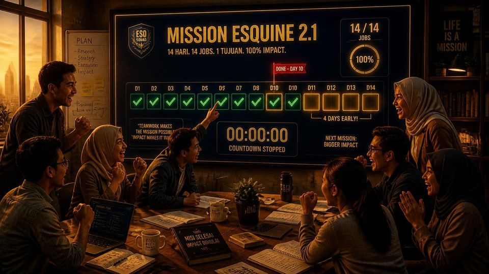 A team cheering in front of a large screen titled Mission Esquine 2.1, with all 14 daily jobs checked off by day 10