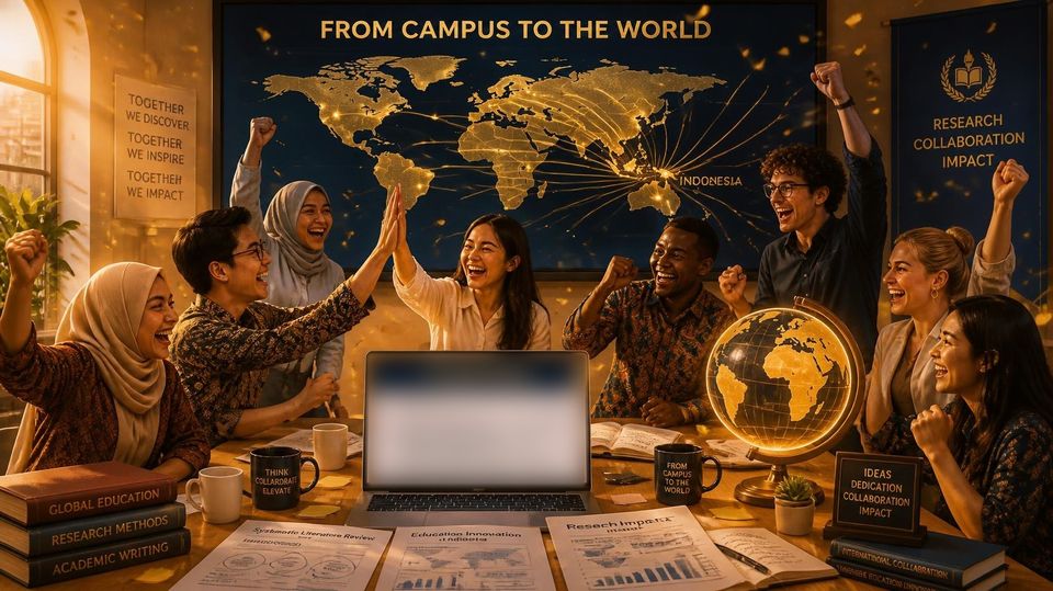 An international team celebrating around a laptop and a glowing globe, beneath a world map titled From Campus to the World