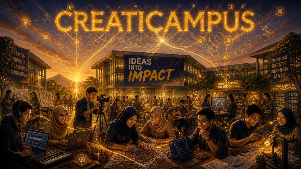 Students making music, film, batik designs and code on a campus at dusk, under a glowing CreatiCampus sign and an Ideas into Impact banner